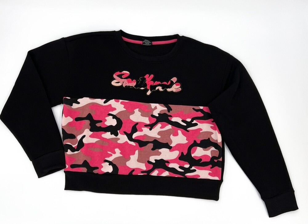 SouthPole Sweater Womens Junior Large Black Pink Camouflage Logo Cropped